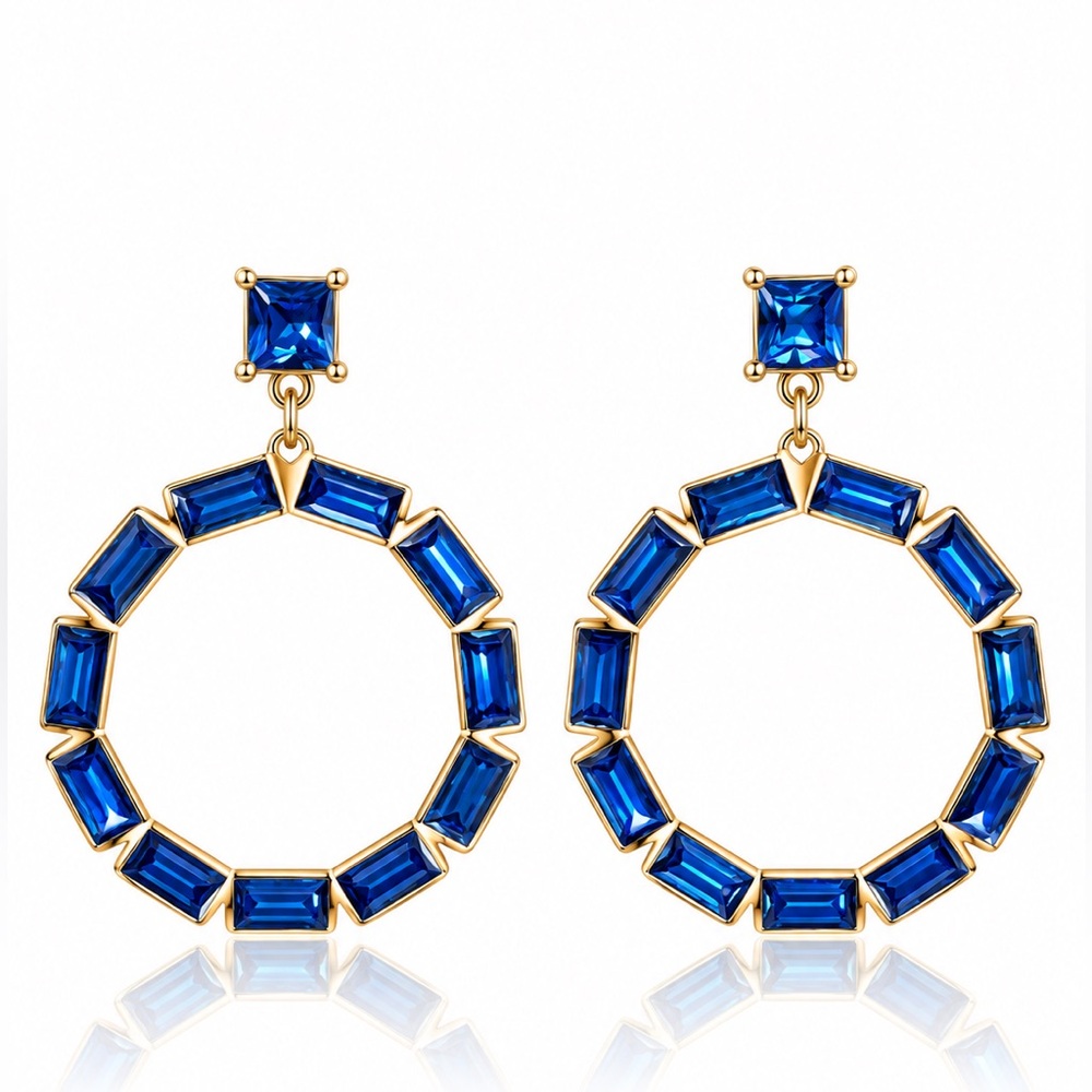 Gold Stud Earrings with Sapphire Blue Stones - Women Jewelry